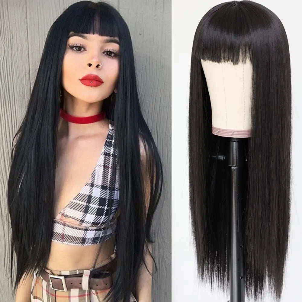 Long straight wig with bangs shown on a model and mannequin
