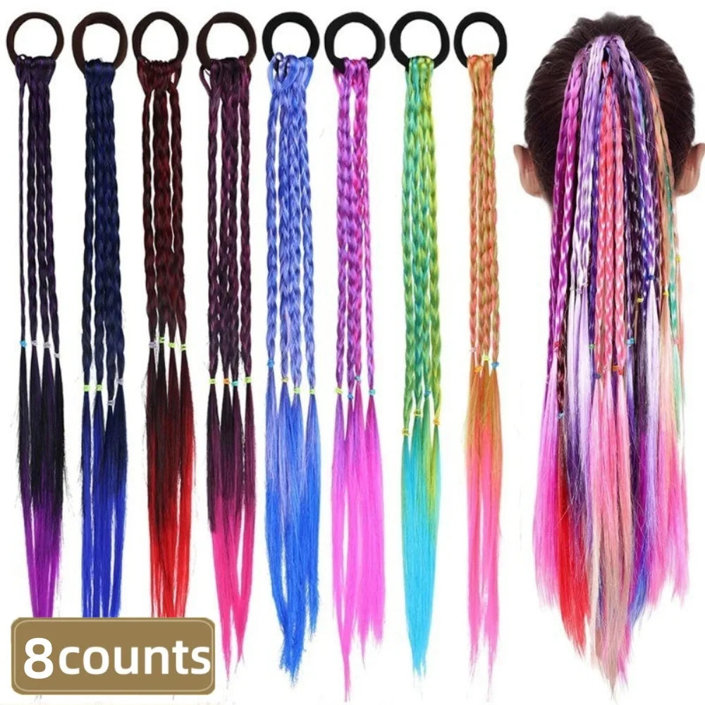 Assorted braided ponytail extensions with hairstyle examples