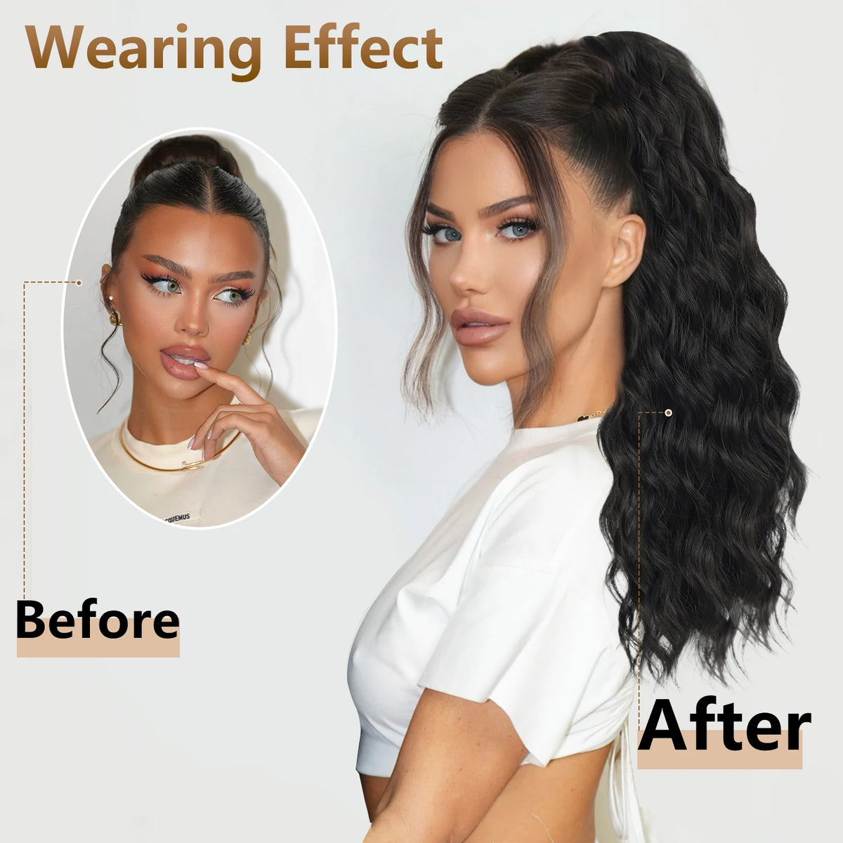 Wavy claw-clip ponytail with product and styling examples