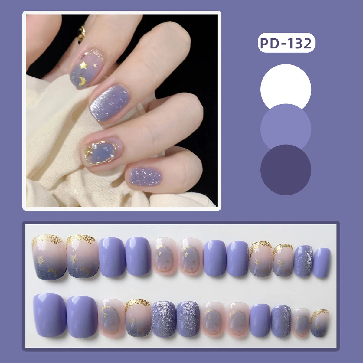 Press-on nail set with manicure example and shade samples