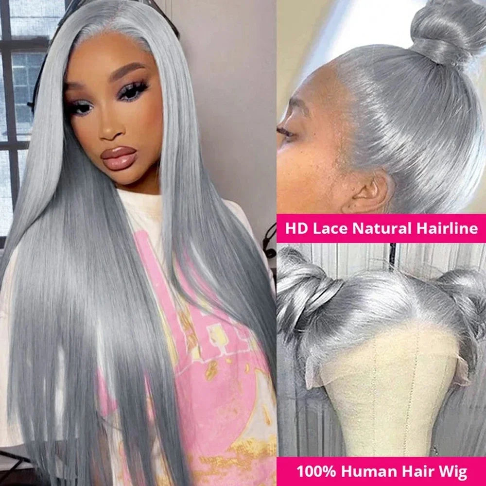 Long silver-gray straight wig with hairstyle and hairline views