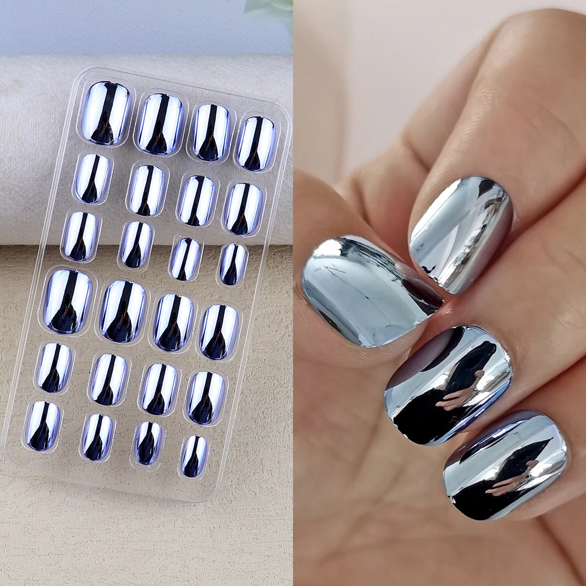 Chrome press-on nail shade shown in a set and on a hand