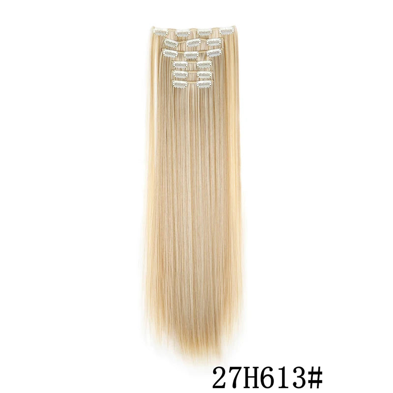 Straight clip-in hair extension with visible attachment clips