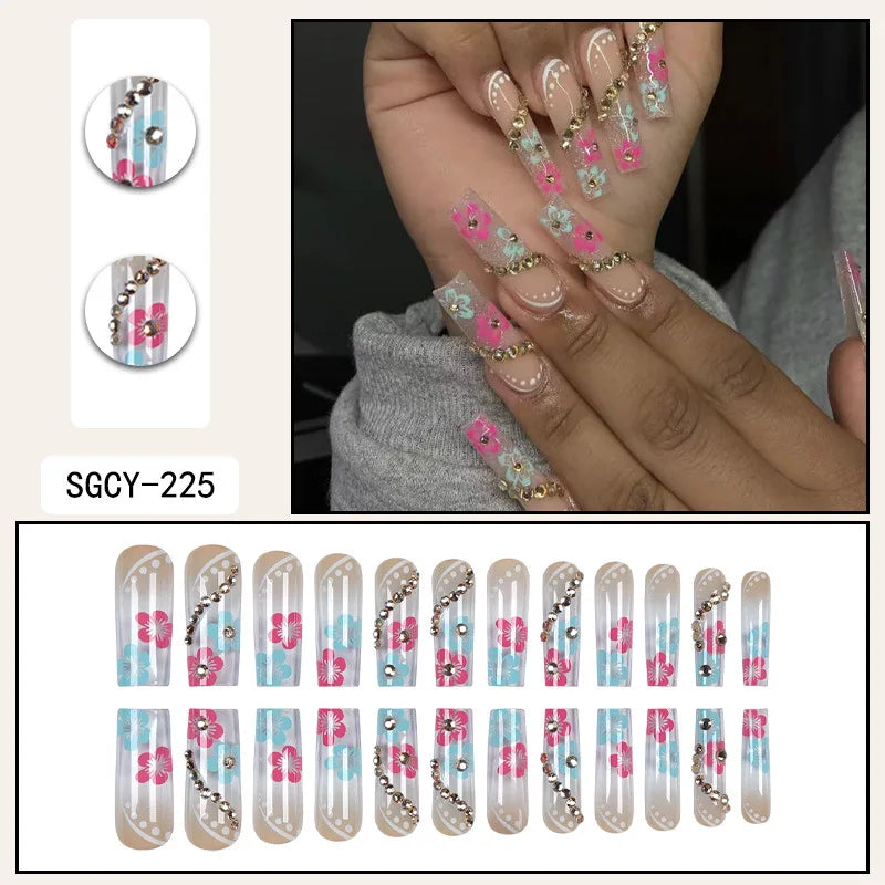 Press-on nail set with manicure example and design samples