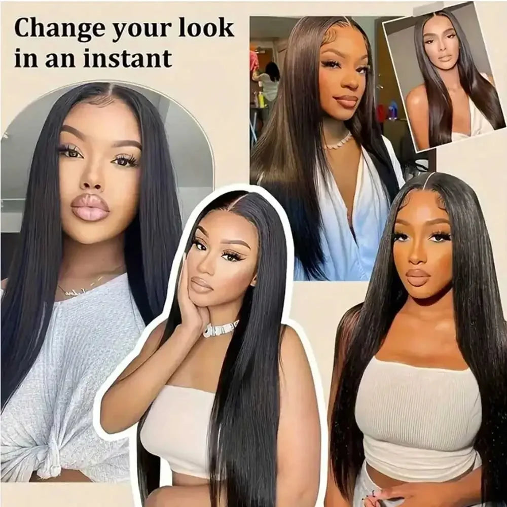 Long straight dark hair styled on models