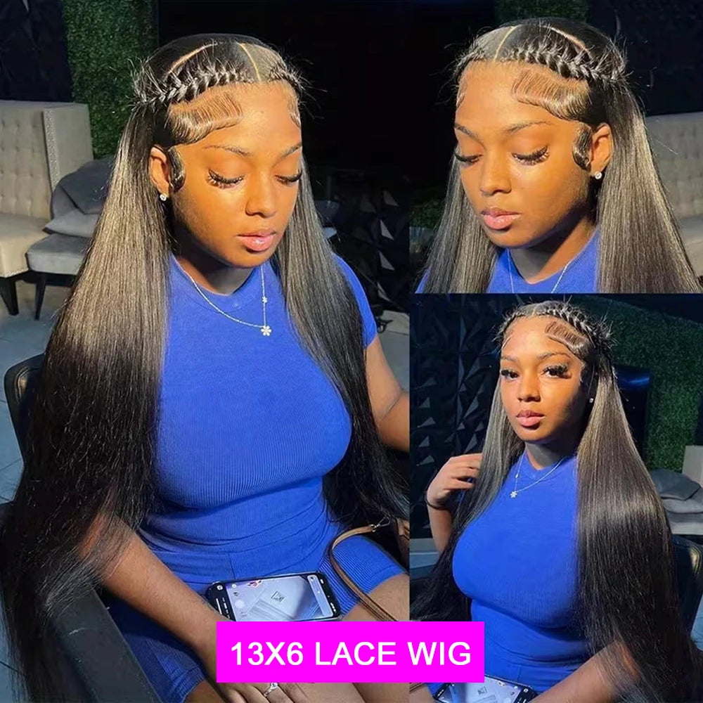 Long straight dark wig with hairline and styling examples