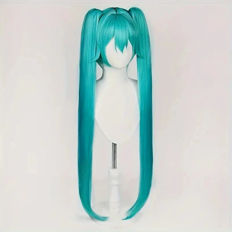Green Blue Cosplay Wig Long Straight With Bangs Double Ponytail