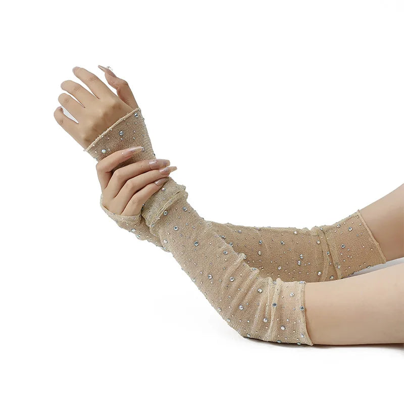 Long Fingerless Rhinestone Mesh Gloves