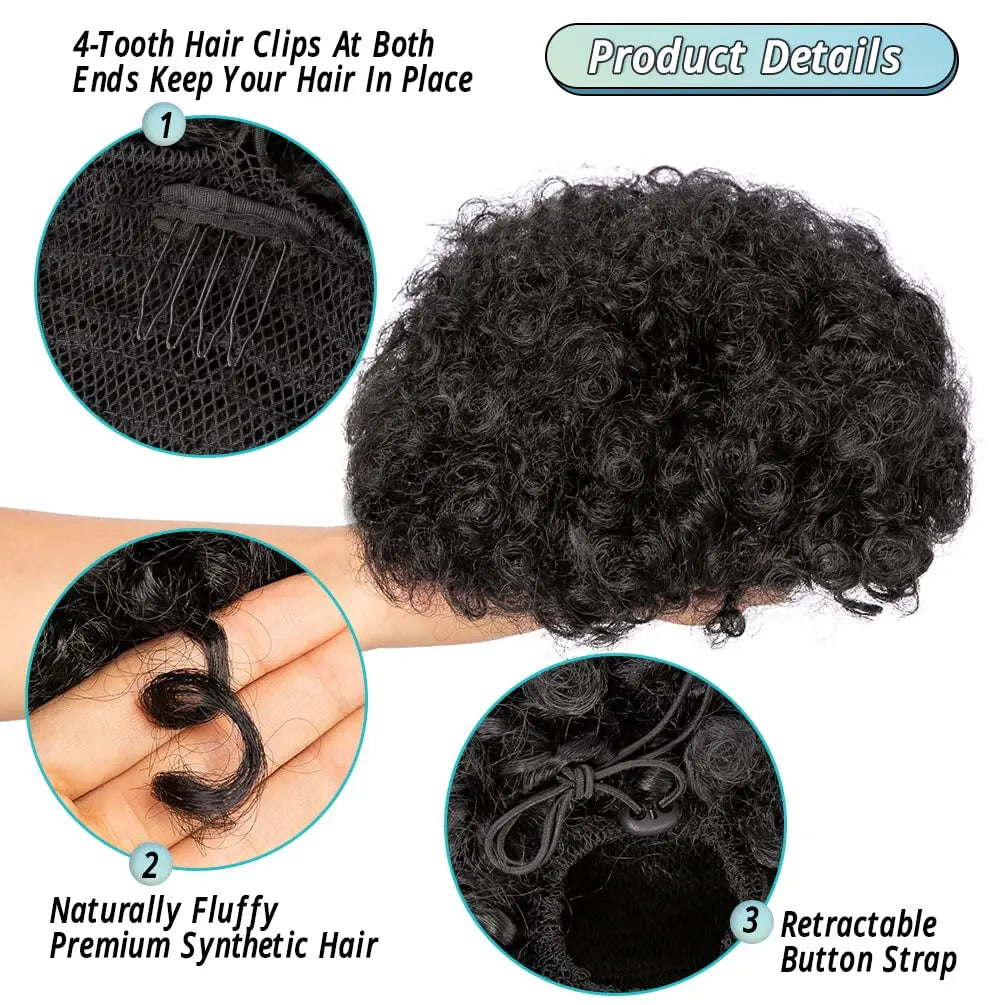 Curly puff hairpiece shown with attachment details or styled on a model