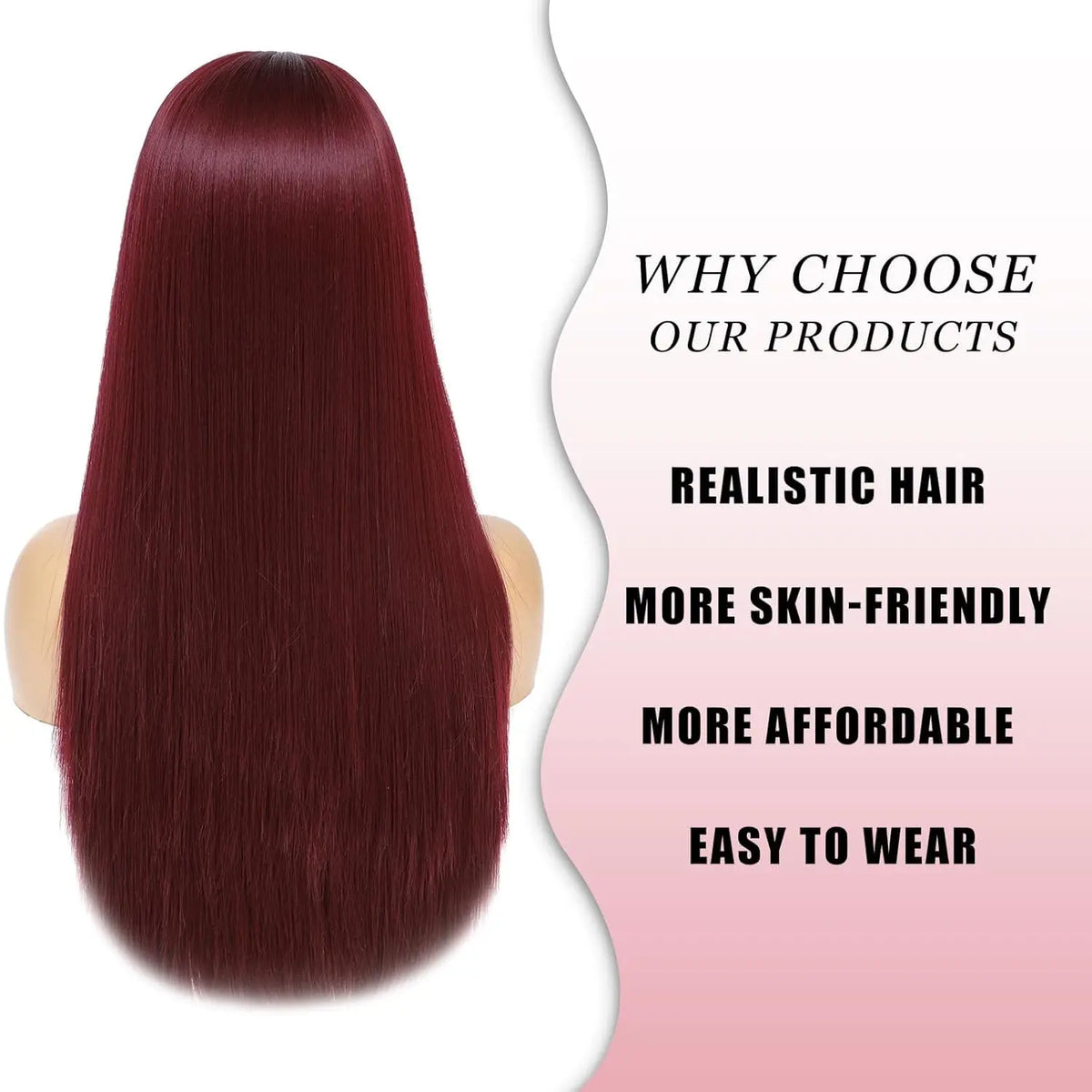 Long straight wig with bangs and styling examples