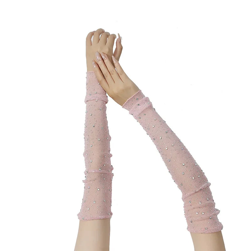 Long Fingerless Rhinestone Mesh Gloves