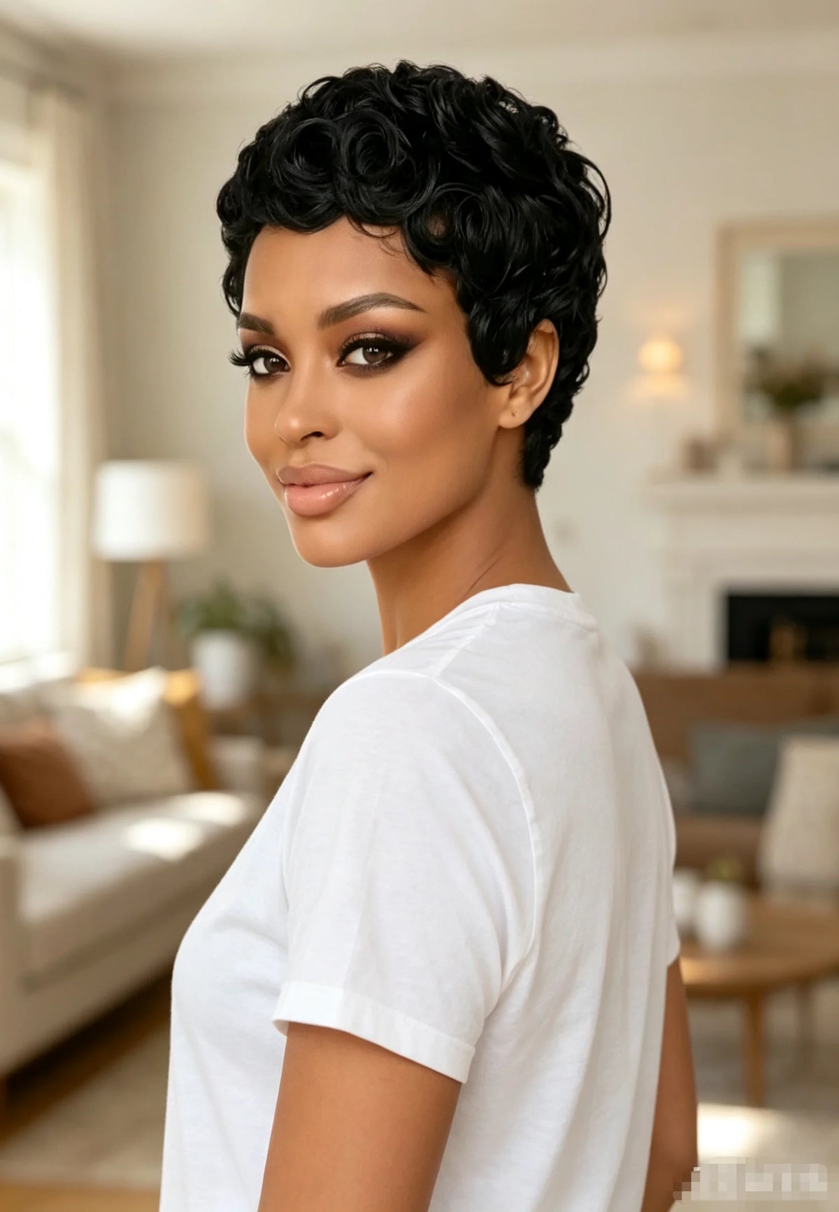 Short curly wig styled on a model