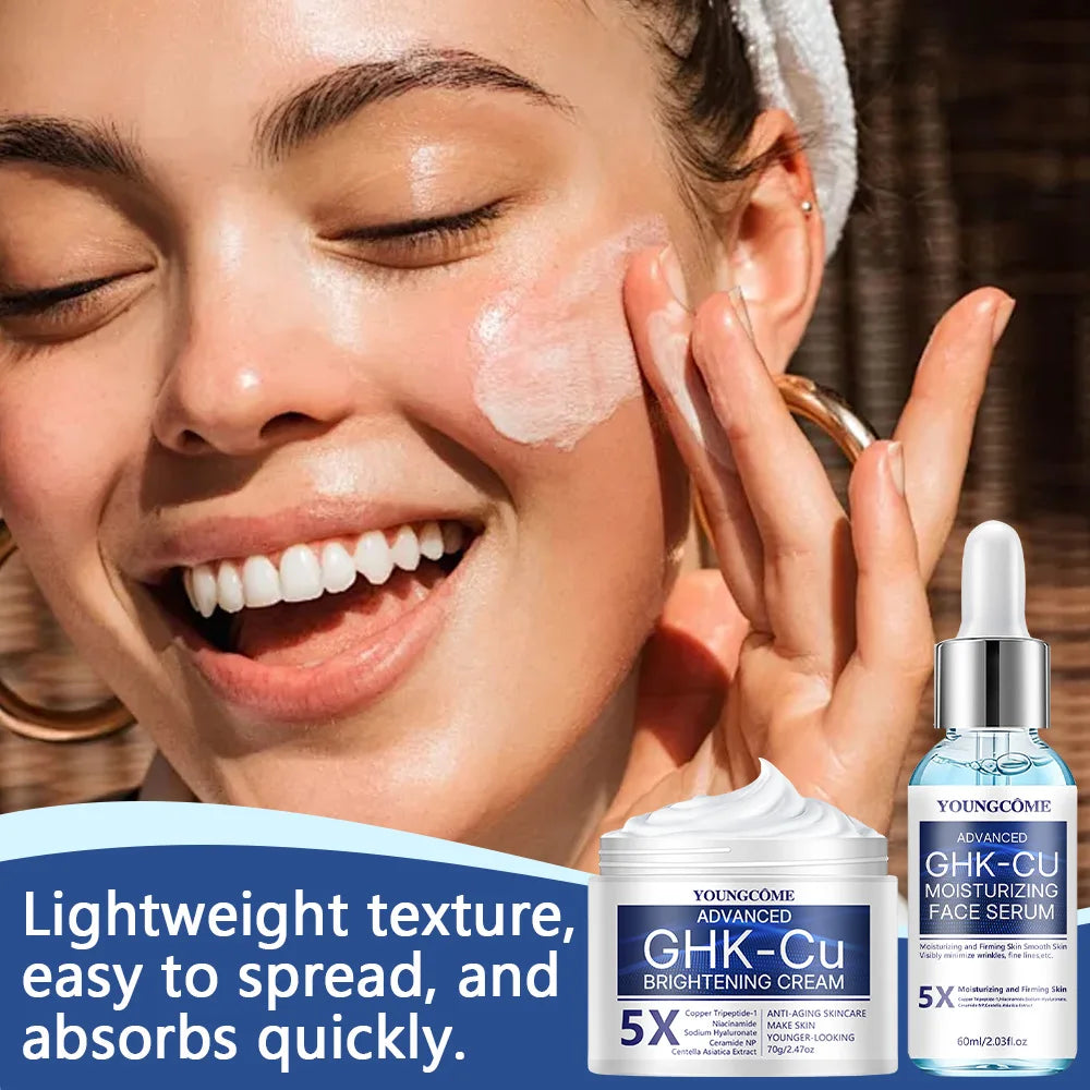 Copper peptide face serum and cream with ingredient and application graphics