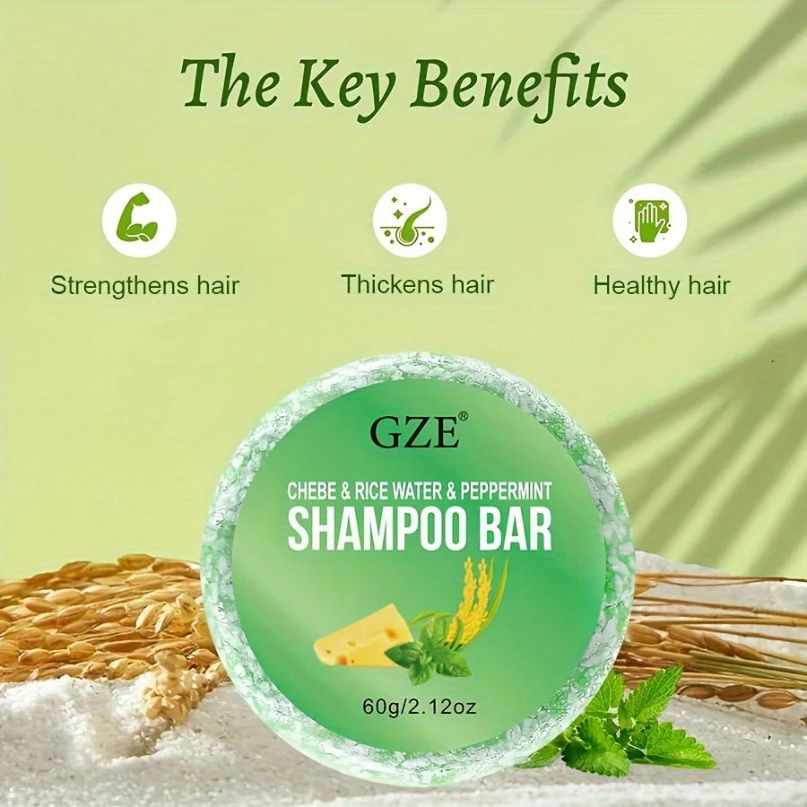 Green shampoo bar with ingredients and hair washing information