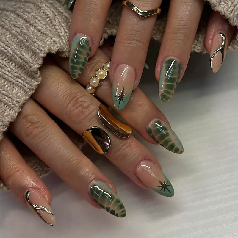 Decorated nail designs shown on hands