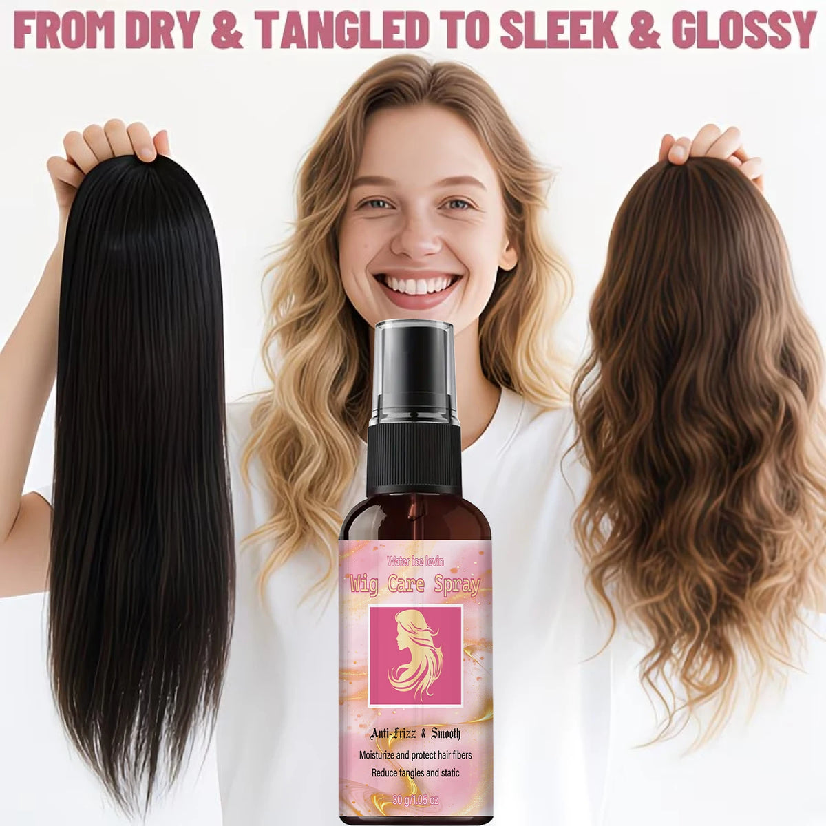 Wig care spray with hair texture and application examples