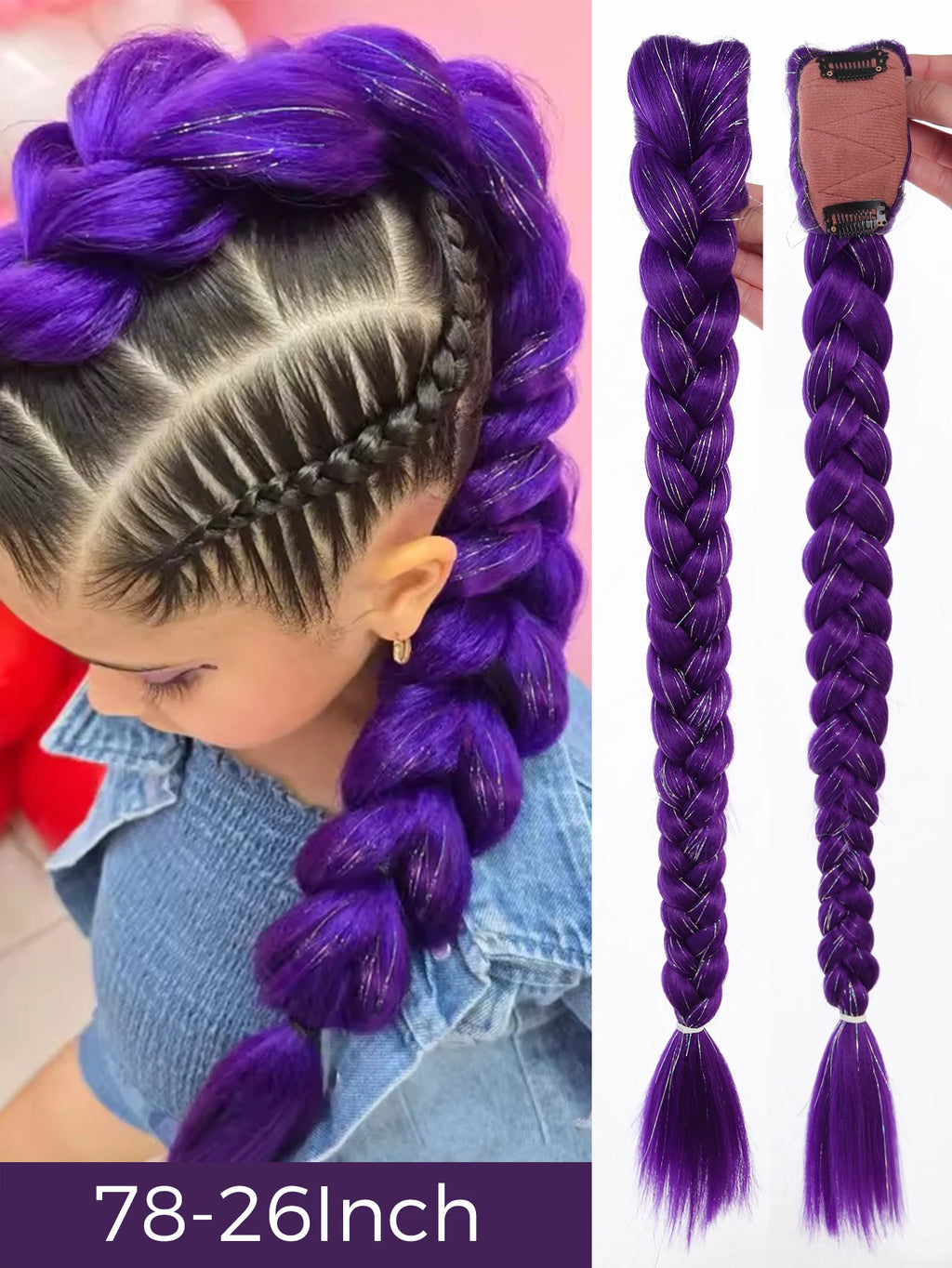 32-Inch Purple Braided Ponytail with Tinsel