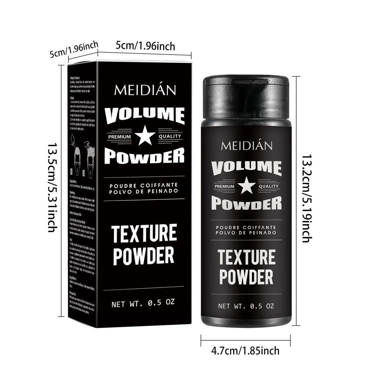 Hair styling powder with hairstyle and application graphics
