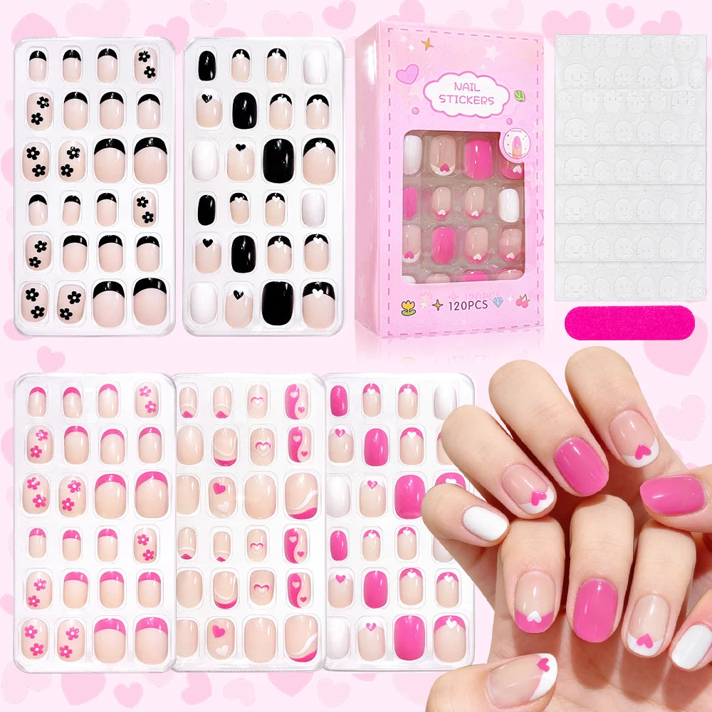 Assorted colorful press-on nails with packaging and manicure accessories