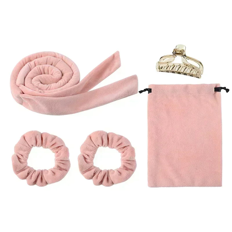 Heatless curling rod or ribbon with coordinating hair ties