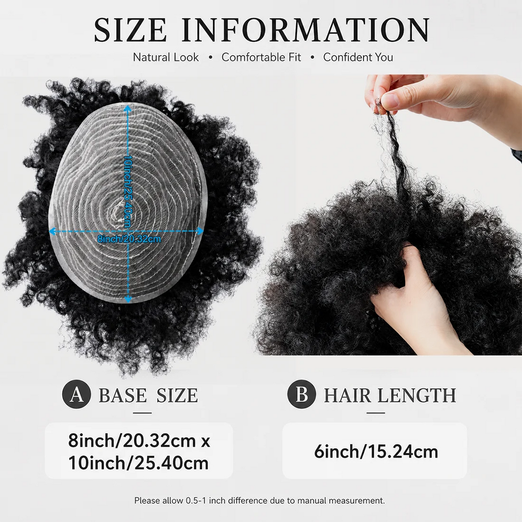 Curly hair toupee with base, size and hair texture details