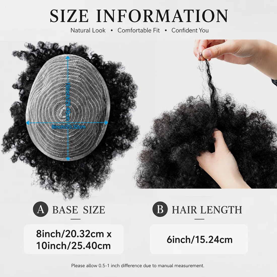 Curly hair toupee with base, size and hair texture details