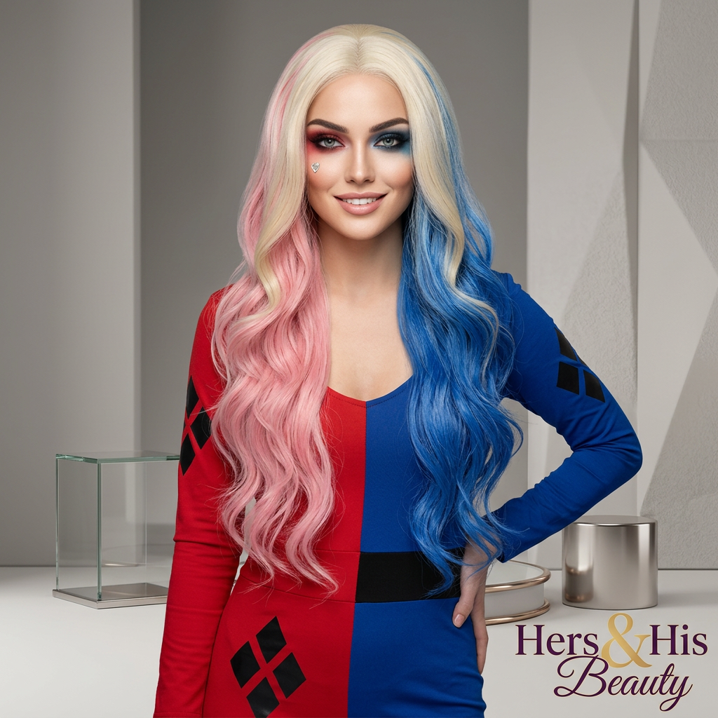 Title: Pink & Blue Color-Block Wavy Cosplay Wig - Long Voluminous Curly Costume Hair