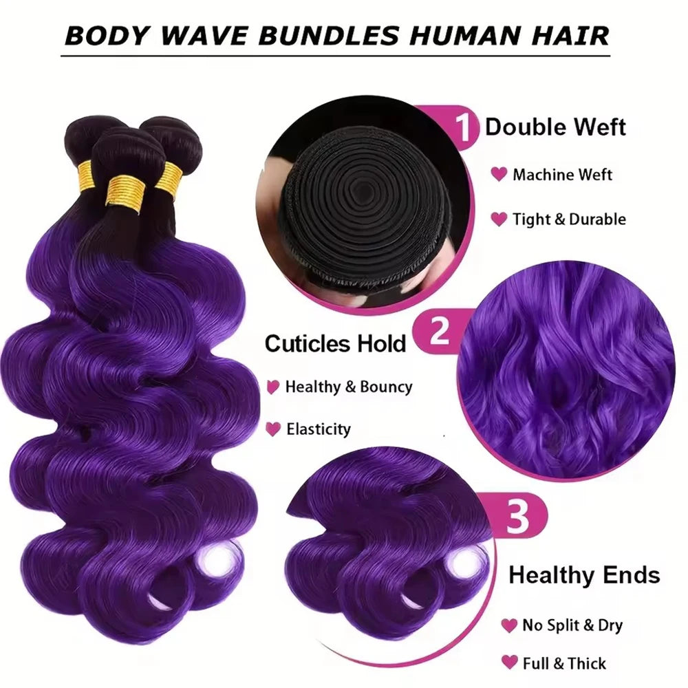 Black-to-purple wavy hair bundles with styling or texture details