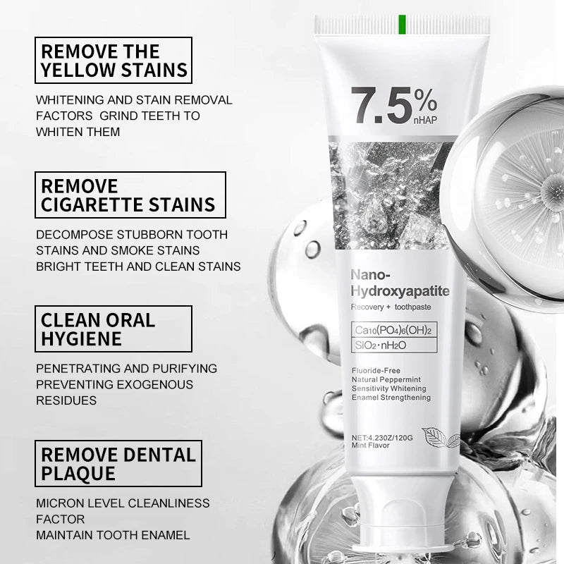 Hydroxyapatite toothpaste with tooth care promotional graphics