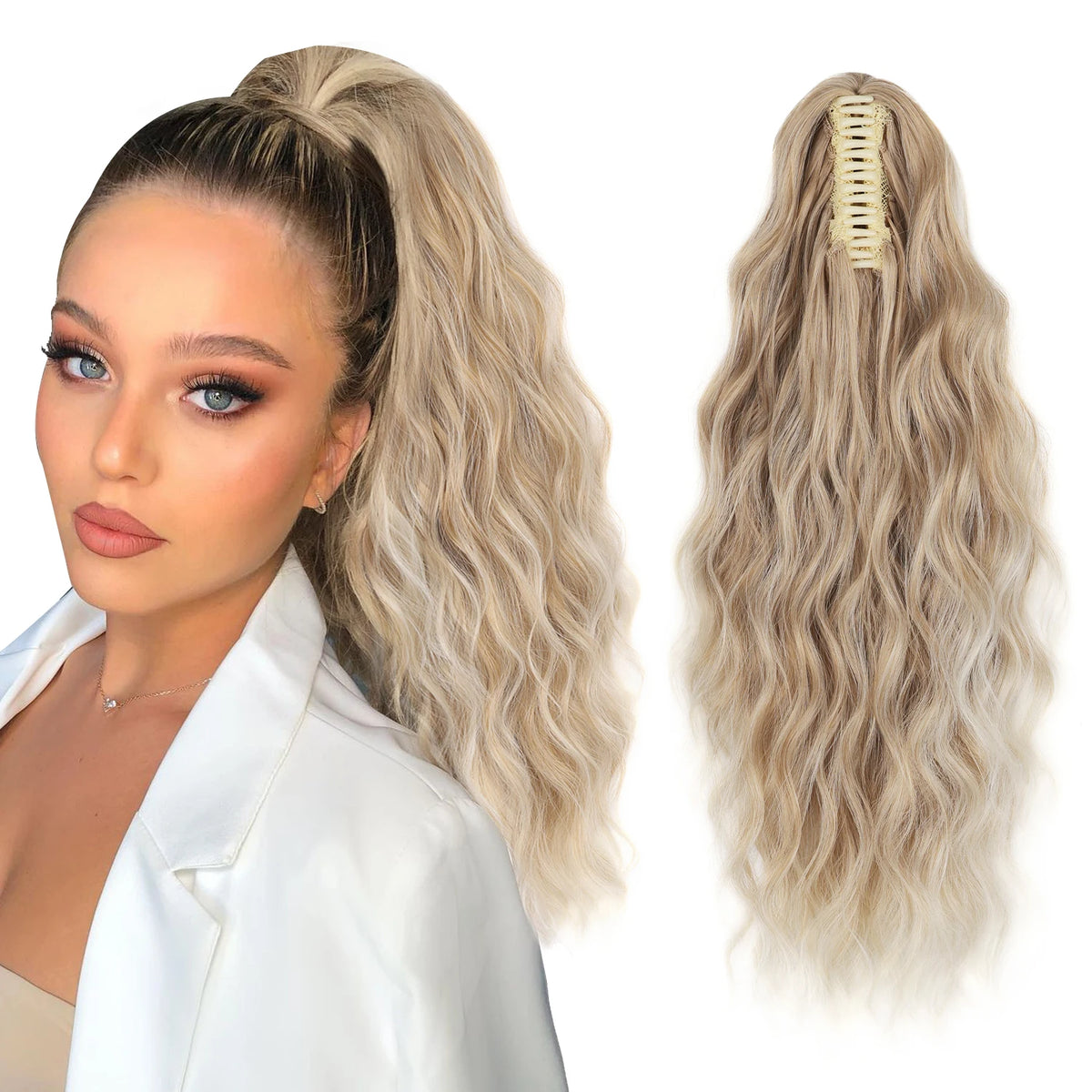 Wavy ponytail extension color shown with styling example