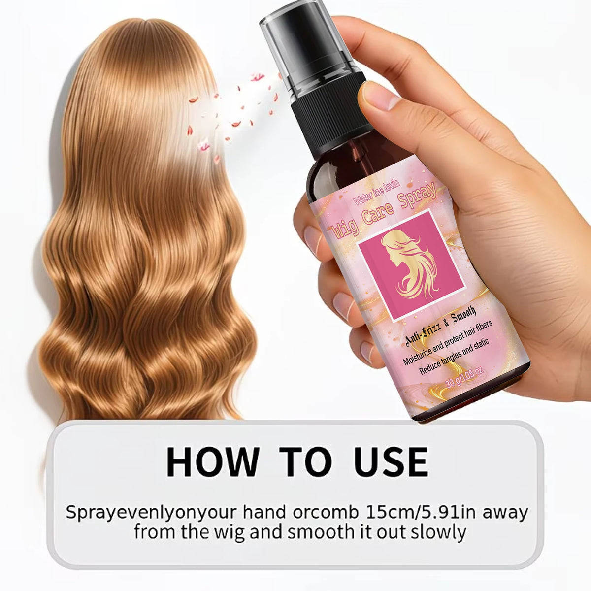 Wig care spray with hair texture and application examples