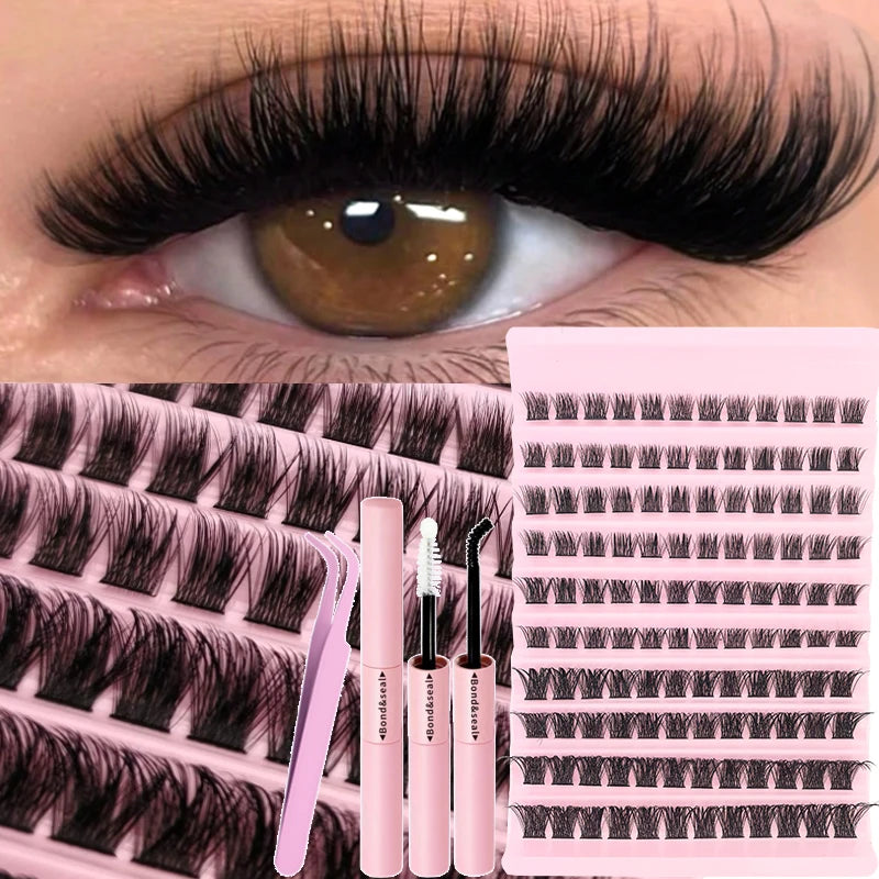 False eyelash clusters in trays with lash application examples