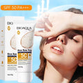 Sunscreen tube with skin application and promotional comparison images