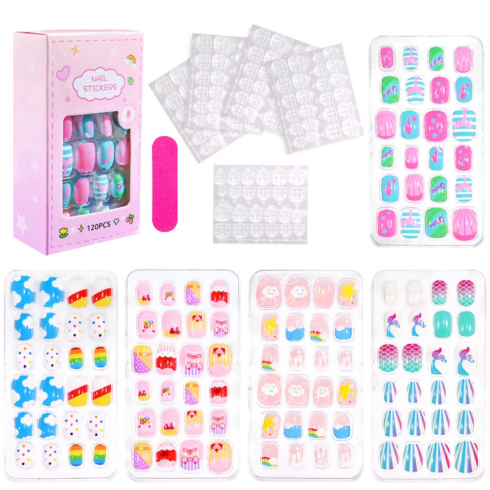 Assorted colorful press-on nails with packaging and manicure accessories