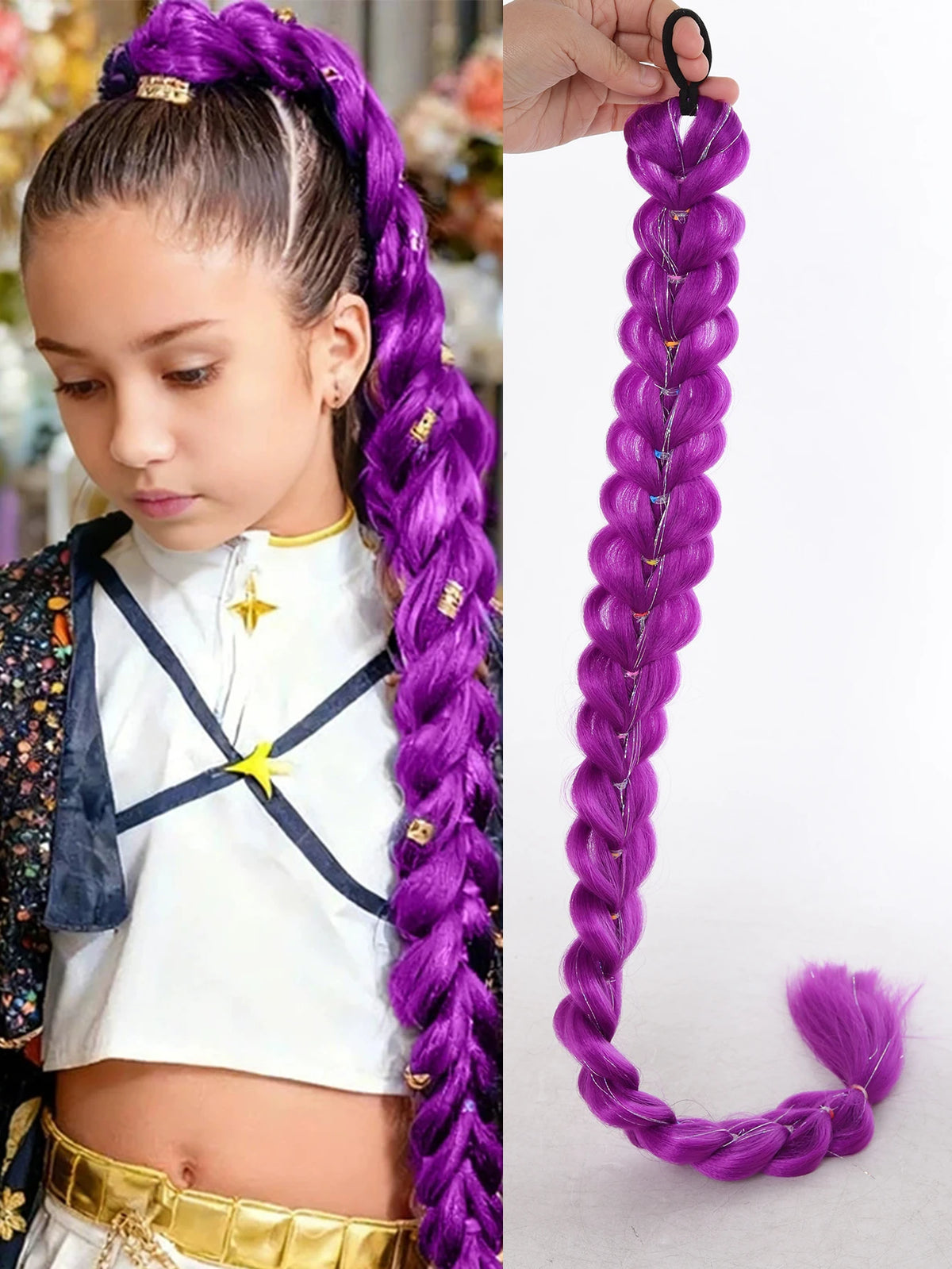32-Inch Purple Braided Ponytail with Tinsel