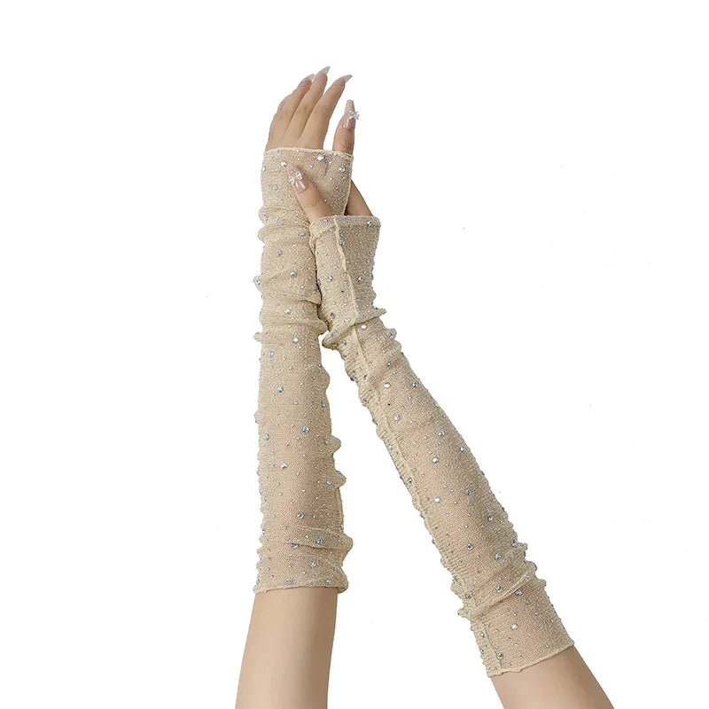 Long Fingerless Rhinestone Mesh Gloves