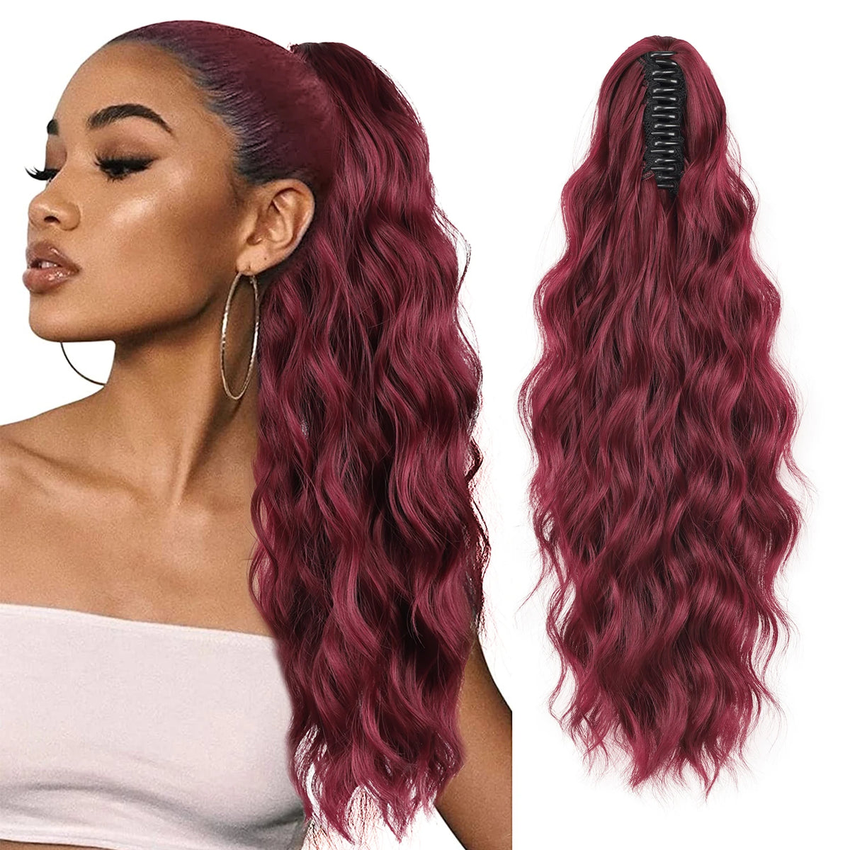 Wavy ponytail extension color shown with styling example