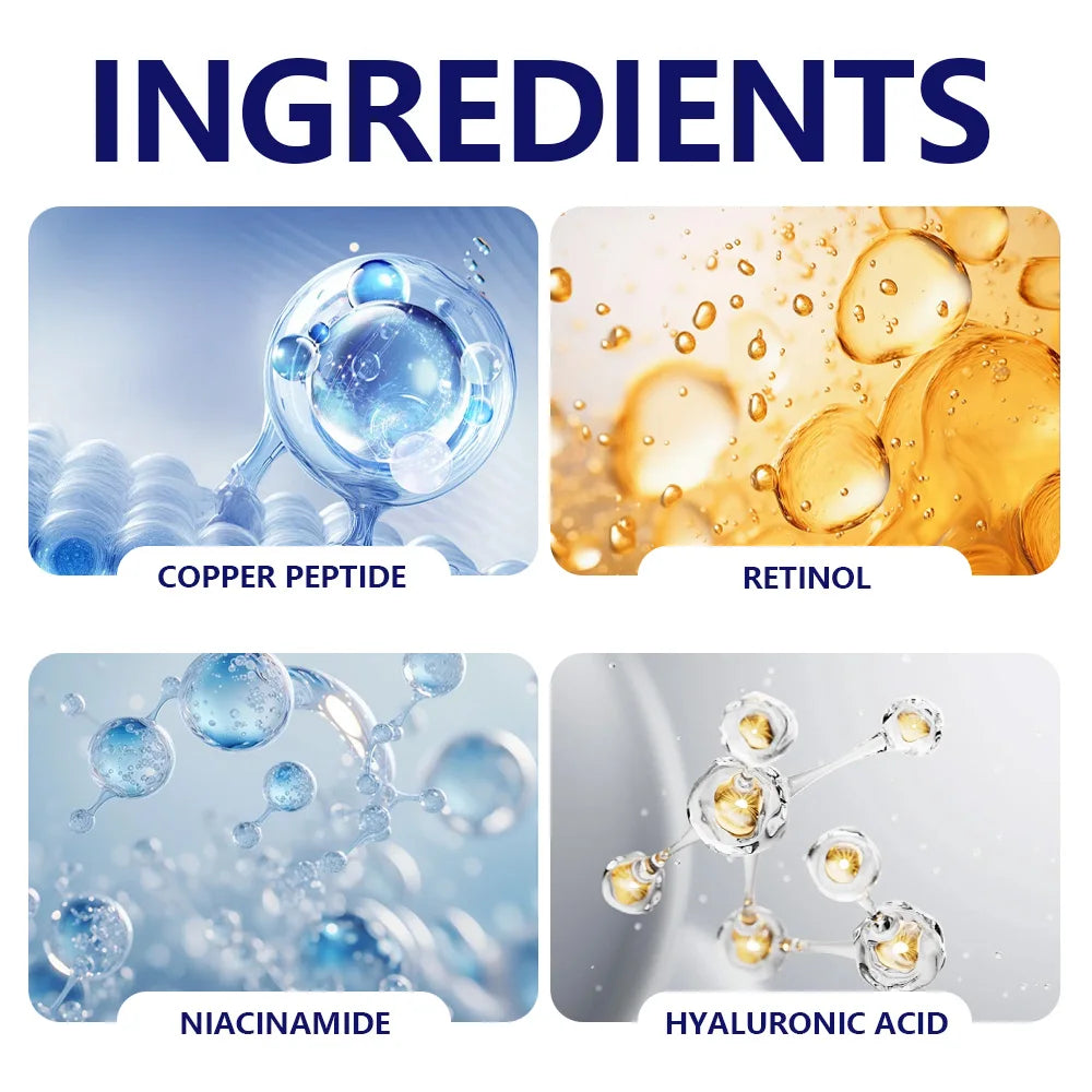 Copper peptide face serum and cream with ingredient and application graphics