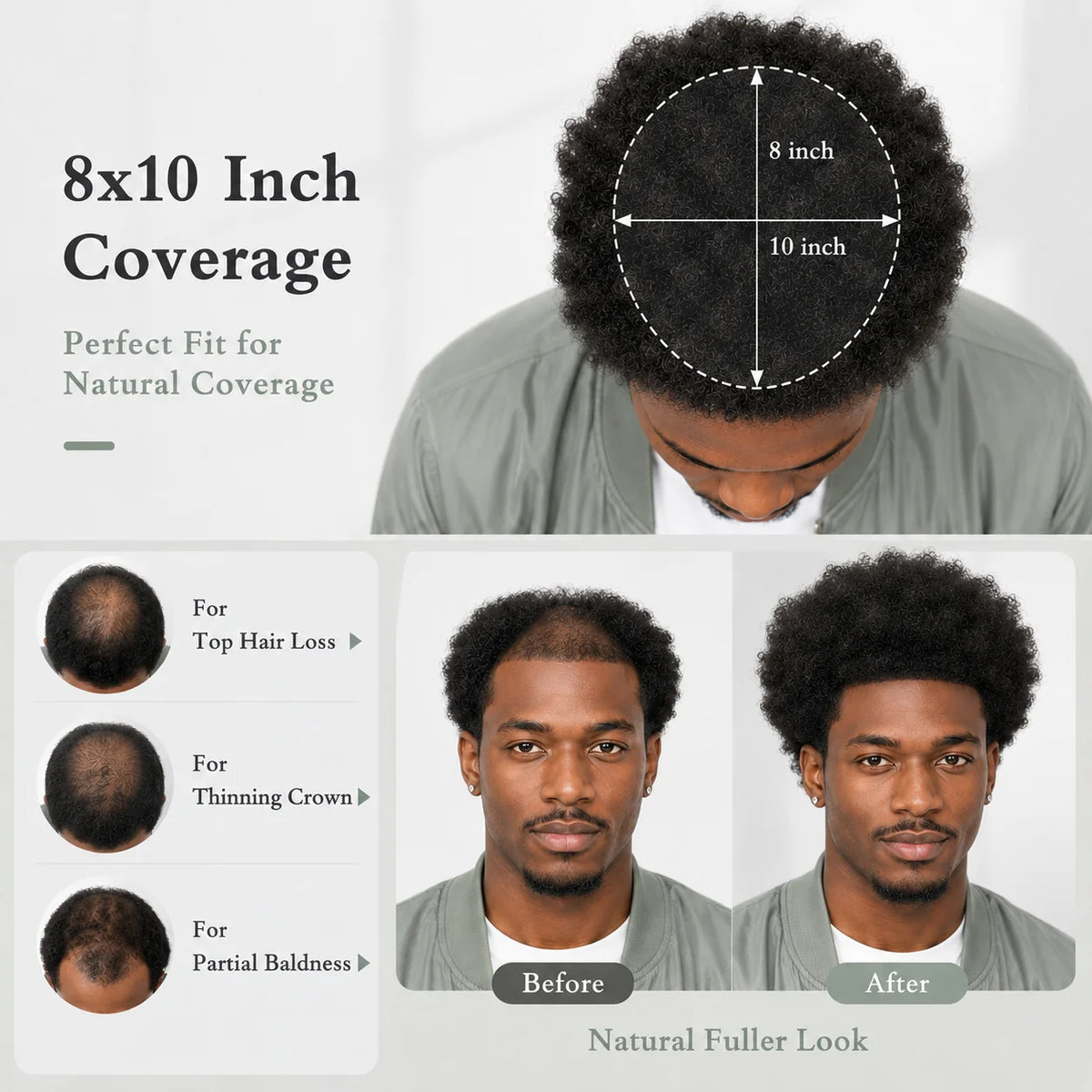 Curly hair toupee with hairstyle and base coverage details