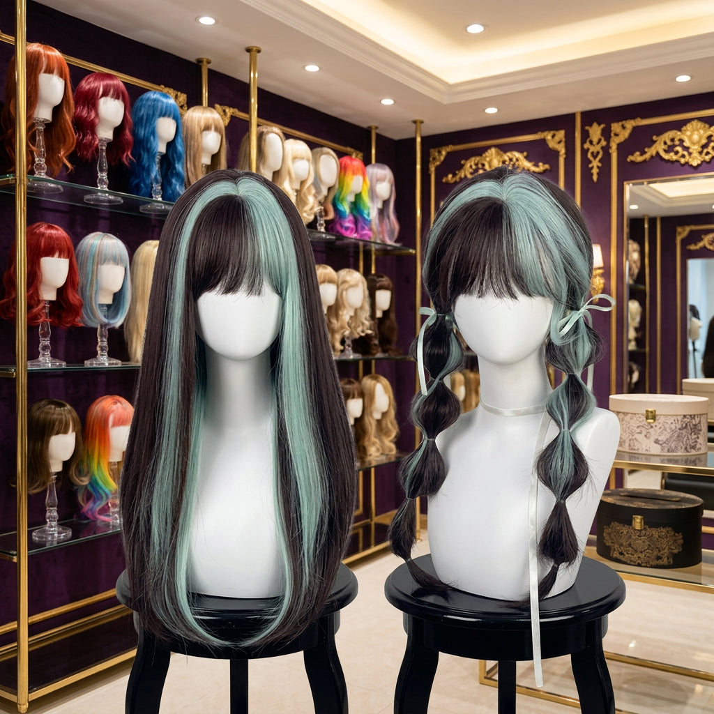 Cosplay wig shown with front, back or styling views
