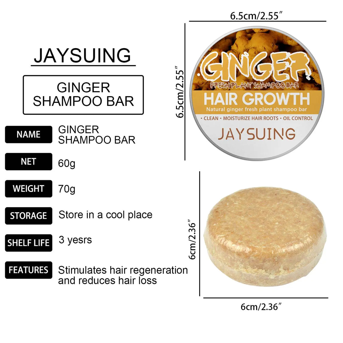 Ginger shampoo bar with hair care and application graphics