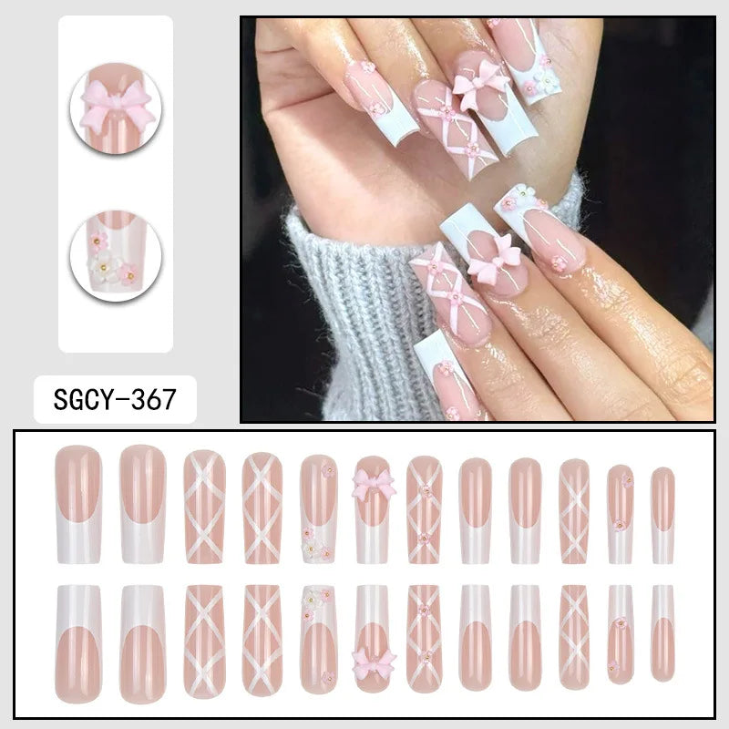 Press-on nail set with manicure example and design samples