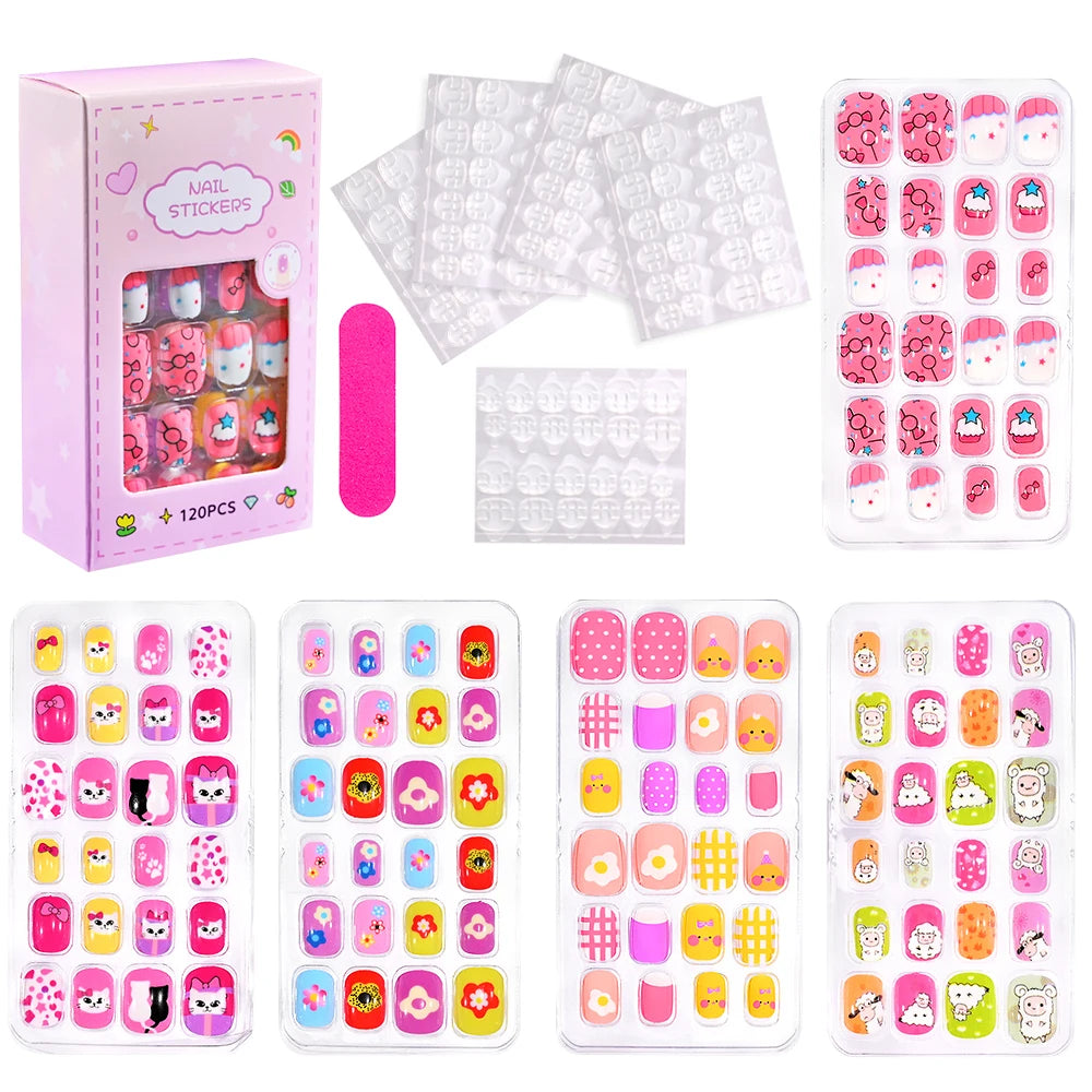 Assorted colorful press-on nails with packaging and manicure accessories