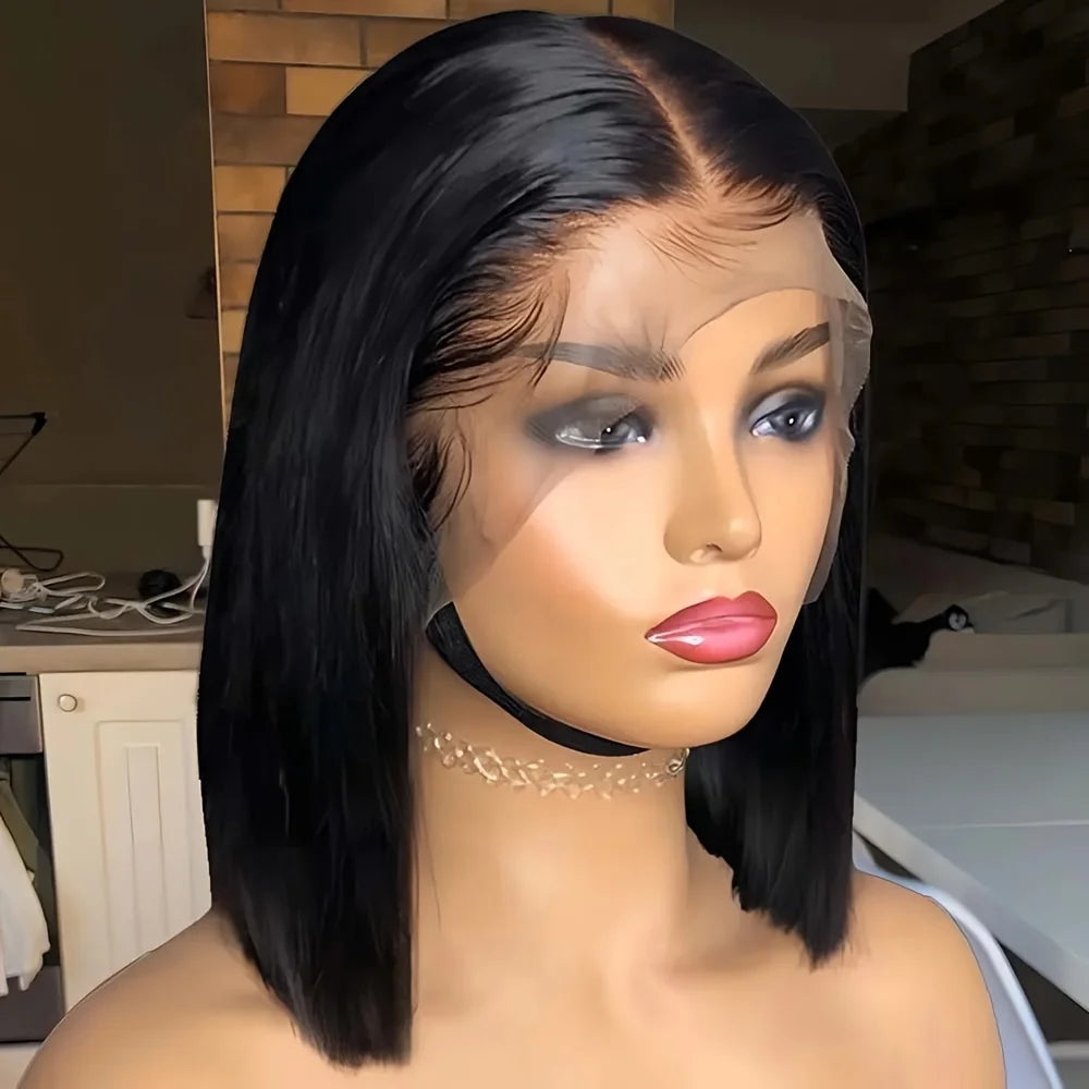 Straight dark bob wig with styling and hairline details