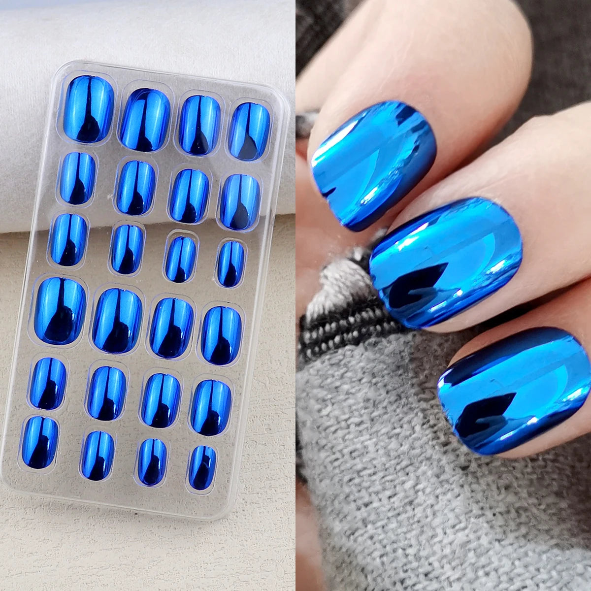 Chrome press-on nail shade shown in a set and on a hand