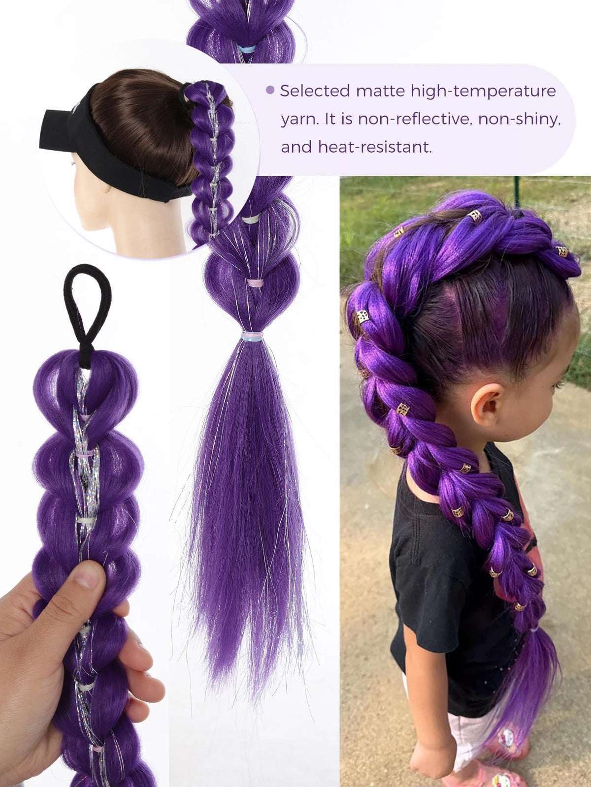 32-Inch Purple Braided Ponytail with Tinsel