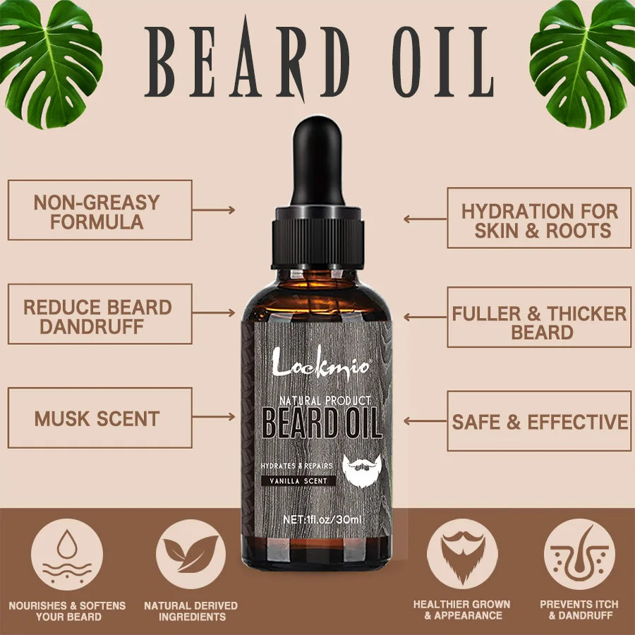 Beard oil with grooming, ingredient and product information