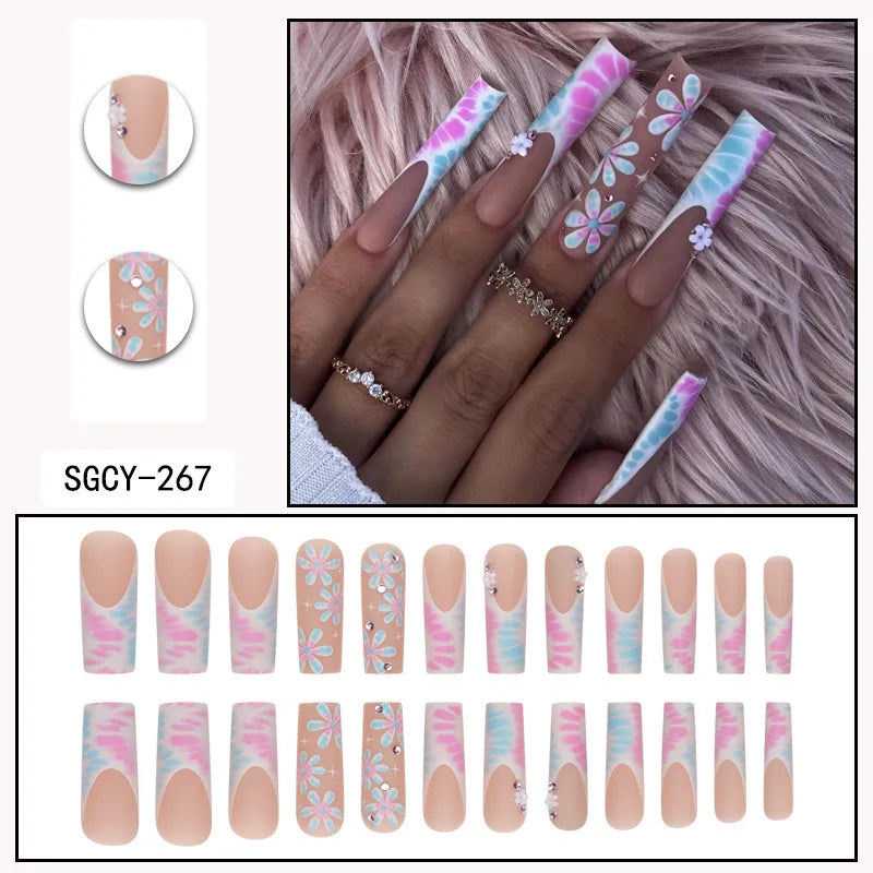 Press-on nail set with manicure example and design samples