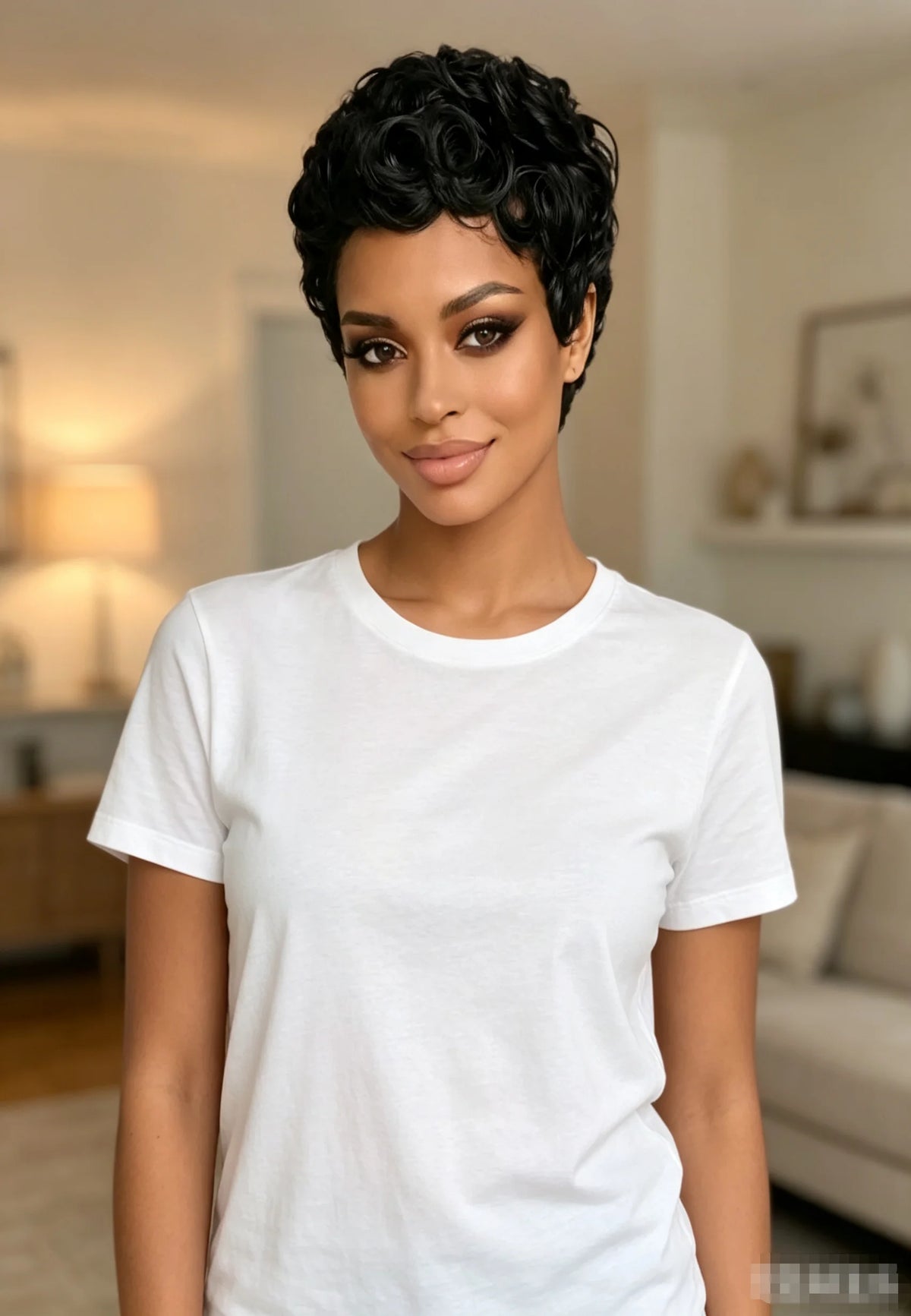 Short curly wig styled on a model