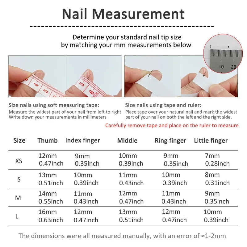 Nail measurement instructions and size chart